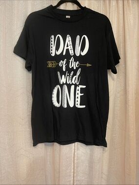 Black Short Sleeve Tee with White & Gold 'Dad of the Wild One' Graphic